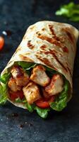 Delicious grilled chicken wrap featuring fresh vegetables in a soft tortilla served on a dark background photo