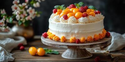 Colorful fruit-topped cake on a rustic wooden table surrounded by flowers and garnishes photo