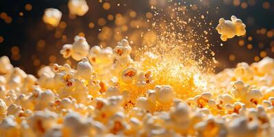 Popcorn kernels explode in a burst of fluffy texture and color during a cooking process in a warm kitchen setting photo