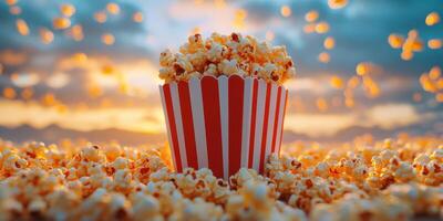 Popcorn overflowing from a striped container against a dramatic sky at sunset photo
