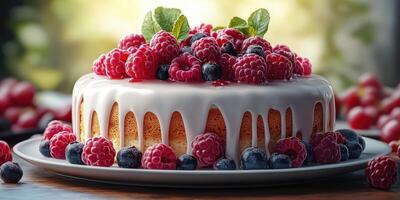Delicious cake topped with fresh berries and cream served on a rustic table in warm sunlight photo
