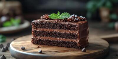 Rich chocolate cake slice presented on a wooden board with mint garnish and chocolate chips photo