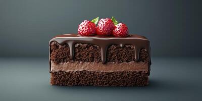 Rich chocolate cake topped with fresh strawberries served on a neutral background photo