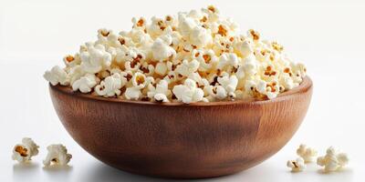 Movie snacks include freshly popped popcorn in a wooden bowl on a light background, perfect for enjoying during film nights photo