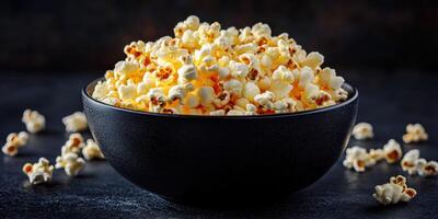 Freshly popped popcorn in a black bowl on a dark background celebrating movie night and snack time photo