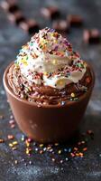 Delicious chocolate mousse topped with whipped cream and colorful sprinkles served in a brown bowl photo