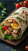 Delicious chicken wrap with fresh vegetables and a boiled egg served on a wooden platter photo