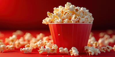Freshly popped popcorn overflowing from a red container on a vibrant red background for a satisfying snack experience photo