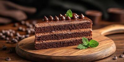 Delicious chocolate cake slice displayed on a wooden board garnished with mint leaves and chocolate chips photo