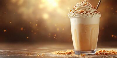 Creamy dessert drink topped with whipped cream and crushed caramel in a warm setting photo