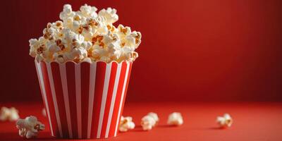 Popcorn in a striped container sits on a red background, ready for movie night or a fun snack time photo