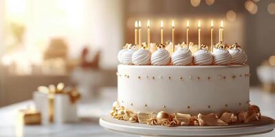 Delicate birthday cake adorned with candles, golden decorations, and soft lighting for a joyful celebration photo