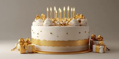 Celebration cake with golden decorations and lit candles for a festive occasion photo