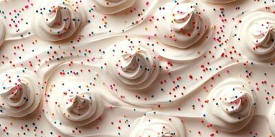 Delightful swirls of whipped cream topped with colorful sprinkles on a smooth surface in a dessert setting photo