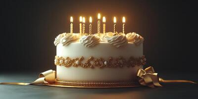Celebration with a beautifully decorated cake featuring lit candles and elegant golden embellishments in a dark setting photo