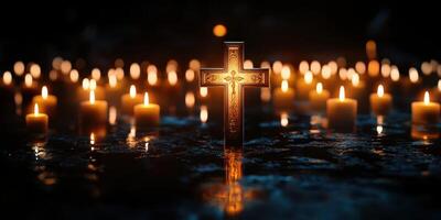 Candles illuminated around a gold cross in a dark setting during a night vigil photo
