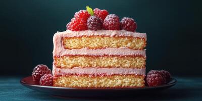 Delicious layered raspberry cake garnished with fresh berries on a dark background in a cozy kitchen setting photo