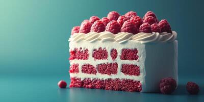 Delicious red velvet cake topped with fresh raspberries on a vibrant blue background photo