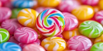 Colorful lollipops and candy scattered on a vibrant background inviting sweet indulgence photo