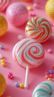 Colorful lollipops and candy on a pink background create a festive and playful atmosphere photo