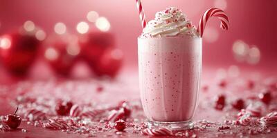 Festive pink drink topped with whipped cream and candy canes for holiday celebrations photo