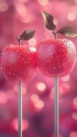 Bright and colorful candy apples decorated with sparkling sugar on a stick against a vibrant background photo