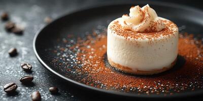 Creamy dessert topped with whipped cream and cocoa powder sits on a dark plate with coffee beans around it photo