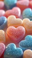 Colorful heart-shaped candies arranged in a playful manner on a white background, showcasing vibrant hues and sugary textures photo