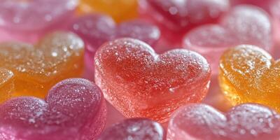Colorful heart-shaped candies scattered on a soft pink surface creating a sweet and playful atmosphere photo