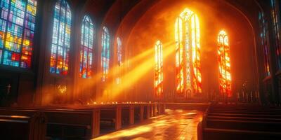 Warm sunlight streams through stained glass windows in a serene church interior during late afternoon photo