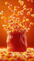 Colorful candy corn fills a vibrant bag, creating a festive autumn atmosphere at a Halloween celebration photo