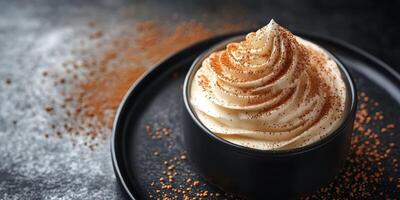 Creamy dessert topped with cocoa powder displayed on a dark plate in a cozy cafe setting photo