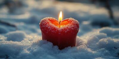 Heart-shaped red candle emitting warm light on snow-covered ground in winter setting photo