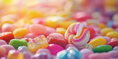 Colorful assortment of candies laid out in bright sunlight on a vibrant background photo