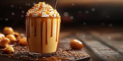 Creamy dessert drink topped with whipped cream and caramel drizzles served in a glass photo
