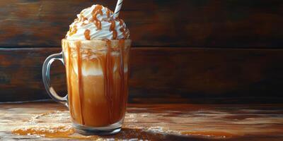 Delicious caramel topped iced drink in a glass mug against a rustic wooden background photo