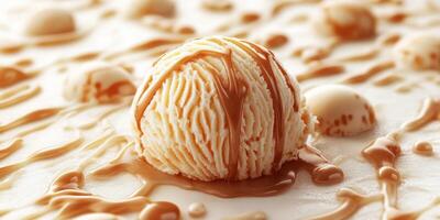 Creamy vanilla ice cream drizzled with rich caramel sauce in a dessert setting photo