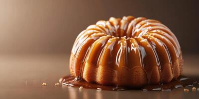 Delicious caramel glazed bundt cake served on a dark countertop with a glossy finish photo