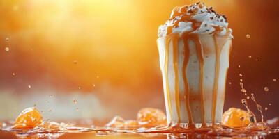 Creamy dessert drink with caramel drizzle and splashes in warm sunlight during summer afternoons photo