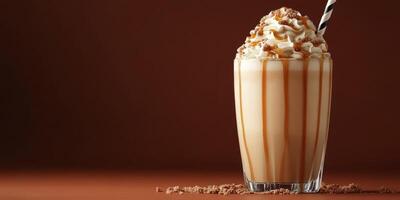 Delicious caramel cream dessert drink with whipped topping and decorative straw served in glass photo
