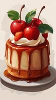 Delicious dessert featuring creamy cake topped with cherries and strawberries in a cozy setting photo