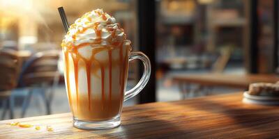 Caramel topped dessert beverage sits on rustic table in warm cafe atmosphere during sunset photo