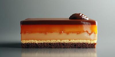Delicious layered dessert with glossy caramel, creamy filling, and chocolate topping displayed elegantly on a clean surface photo
