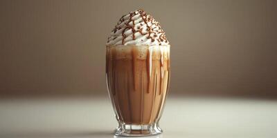 Creamy chocolate beverage topped with whipped cream and chocolate drizzle in a transparent glass photo