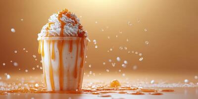 Whipped cream and caramel sauce drips gracefully from an ice cream cup with droplets against a warm golden background photo