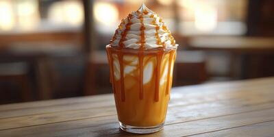 Creamy caramel drink served in a glass on a wooden table in a cozy cafe setting photo
