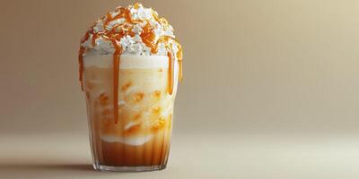 Delicious caramel coffee drink topped with whipped cream and caramel drizzle in a clear glass photo