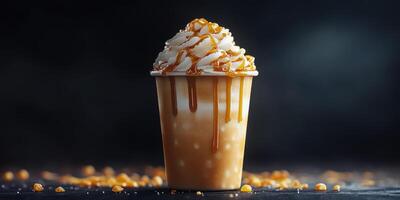 Delicious caramel topped frozen beverage served in a cup with whipped cream and colorful sprinkles in a dimly lit setting photo
