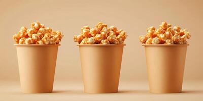 Popcorn cups overflow with buttery snack ready for movie night with friends or family gathering photo