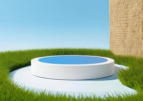 Modern Minimalist Product Display Platform in Grass and Blue Sky Setting photo